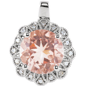 14K White 9mm Morganite & .08 CTW Diamond Pendant