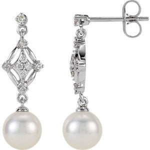 14K White 1-6 CTW Diamond and Freshwater Cultured Pearl Earrings