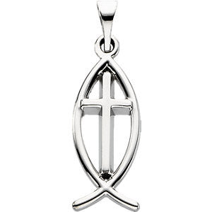 14K White 17x8mm Fish Pendant with Cross