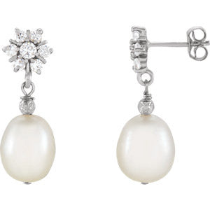 Sterling Silver Freshwater Cultured Pearl & Cubic Zirconia Earrings