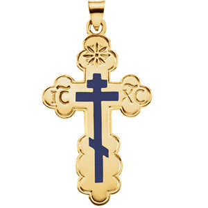 14K Yellow 40x26mm Orthodox Cross Pendant with Blue Enamel