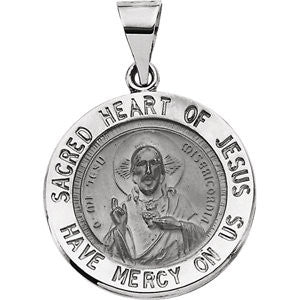 14K White 18.5mm Hollow Round Sacred Heart of Jesus Medal