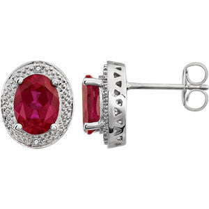 14K White Created Ruby & .02 CTW Diamond Earrings