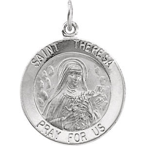 14K White 18mm Round St. Theresa Medal