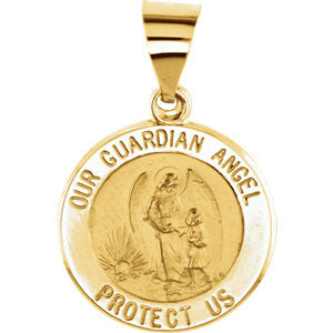 14K Yellow 15mm Round Hollow Guardian Angel Medal