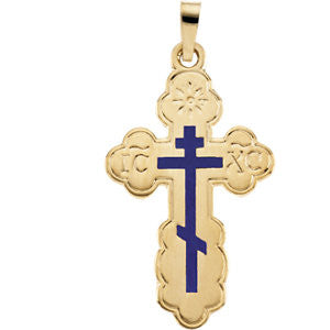 14K Yellow 26x17mm Orthodox Cross Pendant with Blue Enamel