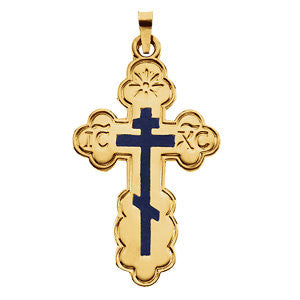 14K Yellow 32x21mm Orthodox Cross Pendant with Blue Enamel