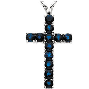 14K White Blue Sapphire Cross Pendant