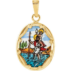 14K Yellow 17x13.5mm St. Christopher Hand-Painted Porcelain Medal