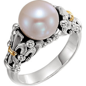 Sterling Silver & 14K Yellow Fleur-de-lis Pearl Ring