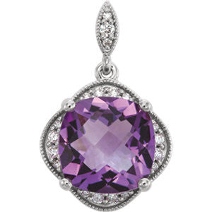 14K White Checkerboard Amethyst & Diamond Pendant