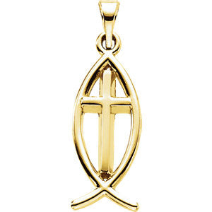 14K Yellow 17x8mm Fish Pendant with Cross