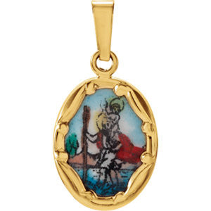 14K Yellow 13x10mm St. Christopher Hand-Painted Porcelain Medal