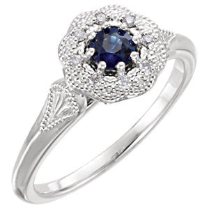 14K White Blue Sapphire & .06 CTW Diamond Ring