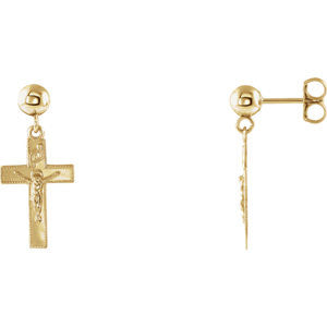 14K Yellow 14x9mm Crucifix Ball Dangle Earrings