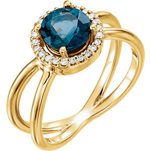 14K Yellow London Blue Topaz & 1/8 CTW Diamond Halo-Style Ring