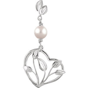 14K White Freshwater Cultured Pearl Leaf Design Heart Pendant