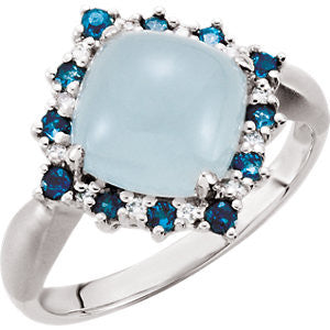 Milky Aquamarine, London Blue Topaz & Diamond Halo-Style Ring