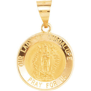 14K Yellow 15mm Round Hollow Our Lady of Guadalupe Medal