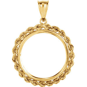 14K Yellow 22x1.8mm Tab Back 2.5mm Solid Rope Coin Frame Pendant for 1-4 Ounce American Eagle, 1-4 Ounce South African Rand, or 1-4 Ounce Chinese Panda