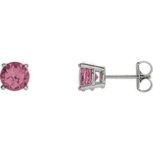 14K White 6mm Round Pink Tourmaline Friction Post Stud Earrings