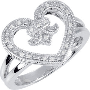 Sterling Silver .07 CTW Diamond Heart & Fleur-De-Lis Design Ring Size 7