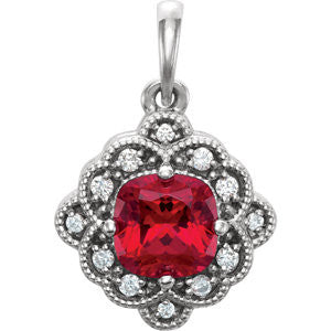 14K White Chatham® Created Ruby & .03 CTW Diamond Pendant