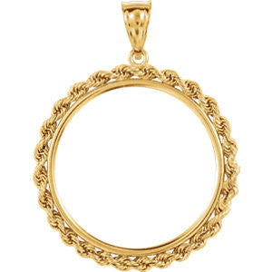 14K Yellow 27.4x2mm Tab Back 2.5mm Solid Rope Coin Frame Pendant for Mexican 20 Peso