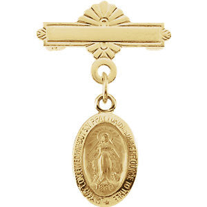 14K Yellow 12x8mm Miraculous Medal Baptismal Brooch