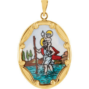 14K Yellow 25x19.5mm St. Christopher Hand-Painted Porcelain Medal