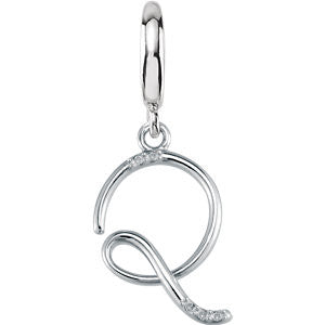 Sterling Silver .03 CTW Diamond 1mm Round Script Initial Charm Letter "Q"