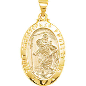 14K Yellow 25.5x17.75mm Oval St. Christopher Hollow Medal