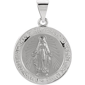 14K White 18.25mm Hollow Round Miraculous Medal