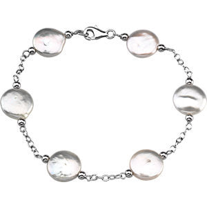 Sterling Silver 12-13mm Freshwater Cultured White Coin Pearl Station 7.5" Bracelet