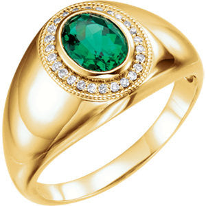 14K White Men's Chatham® Created Emerald & Diamond Accented Ring