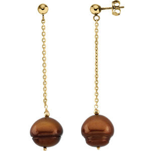 14K Yellow Freshwater Cultured Dyed Chocolate Pearl Earrings