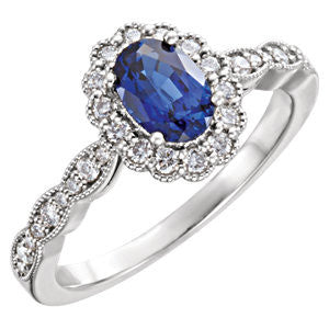 14K White Chatham® Created Blue Sapphire & 3/8 CTW Diamond Ring