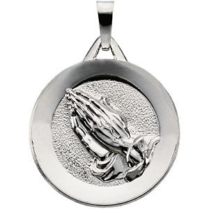 14K White 19mm Round Praying Hands Pendant