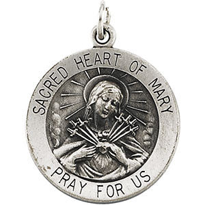 Sterling Silver 18.5mm Round Sacred Heart of Mary 18" Necklace