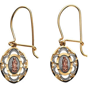 14K Yellow & Rose 30x9.5mm Tri-color Oval Our Lady of Guadalupe Earrings