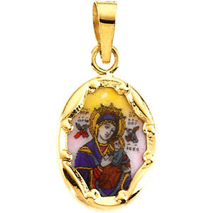 14K Yellow 13x10mm Our Lady of Perpetual Help Hand-Painted Porcelain