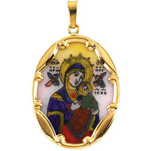 14K Yellow 25x19.5mm Our Lady of Perpetual Help Hand-Painted Porcelain