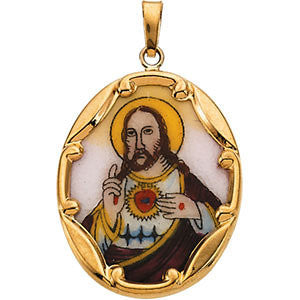 14K Yellow 25x19.5mm Sacred Heart of Jesus Hand-Painted Porcelain Pendant