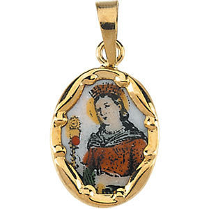 14K Yellow 13x10mm St. Barbara Hand-Painted Porcelain Medal