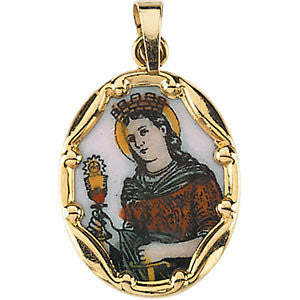 14K Yellow 17x13.5mm St. Barbara Hand-Painted Porcelain Medal