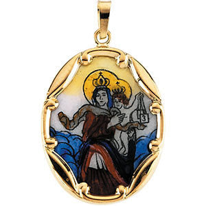 14K Yellow 25x19.5mm Porcelain Scapular Pendant