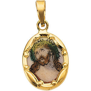 14K Yellow 13x10mm Face of Jesus Hand-Painted Porcelain Medal