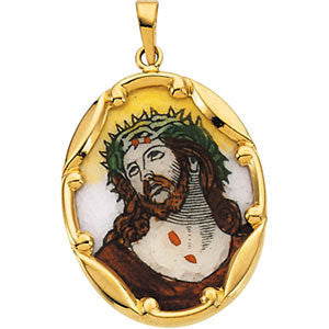 14K Yellow 25x19.5mm Face of Jesus Hand-Painted Porcelain Medal