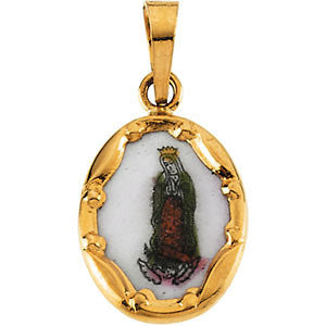 14K Yellow 13x10mm Our Lady of Guadalupe Hand-Painted Porcelain Medal