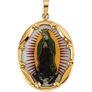 14K Yellow 25x19.5mm Our Lady of Guadalupe Hand-Painted Porcelain Medal